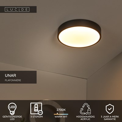 Lucide UNAR - Plafonnière - Ø 30 cm - LED 3 StepDim - 1x18W 2700K - Zwart